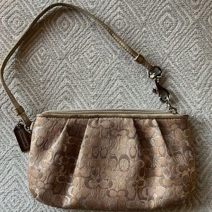 Coach Small C Signature Wristlet Gold Silver and Tan Jaquard EUC